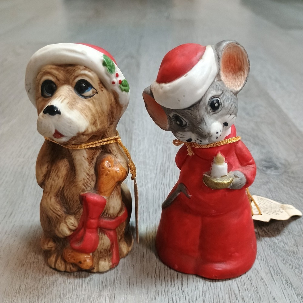 Vintage Christmas Critter Bells Porcelain Dog Mouse Set Of 2 Bisque 4 Inch